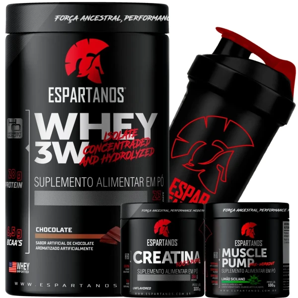 Whey Protein 3W 900g + Creatina 100g + Pré-Treino 100g + Shaker