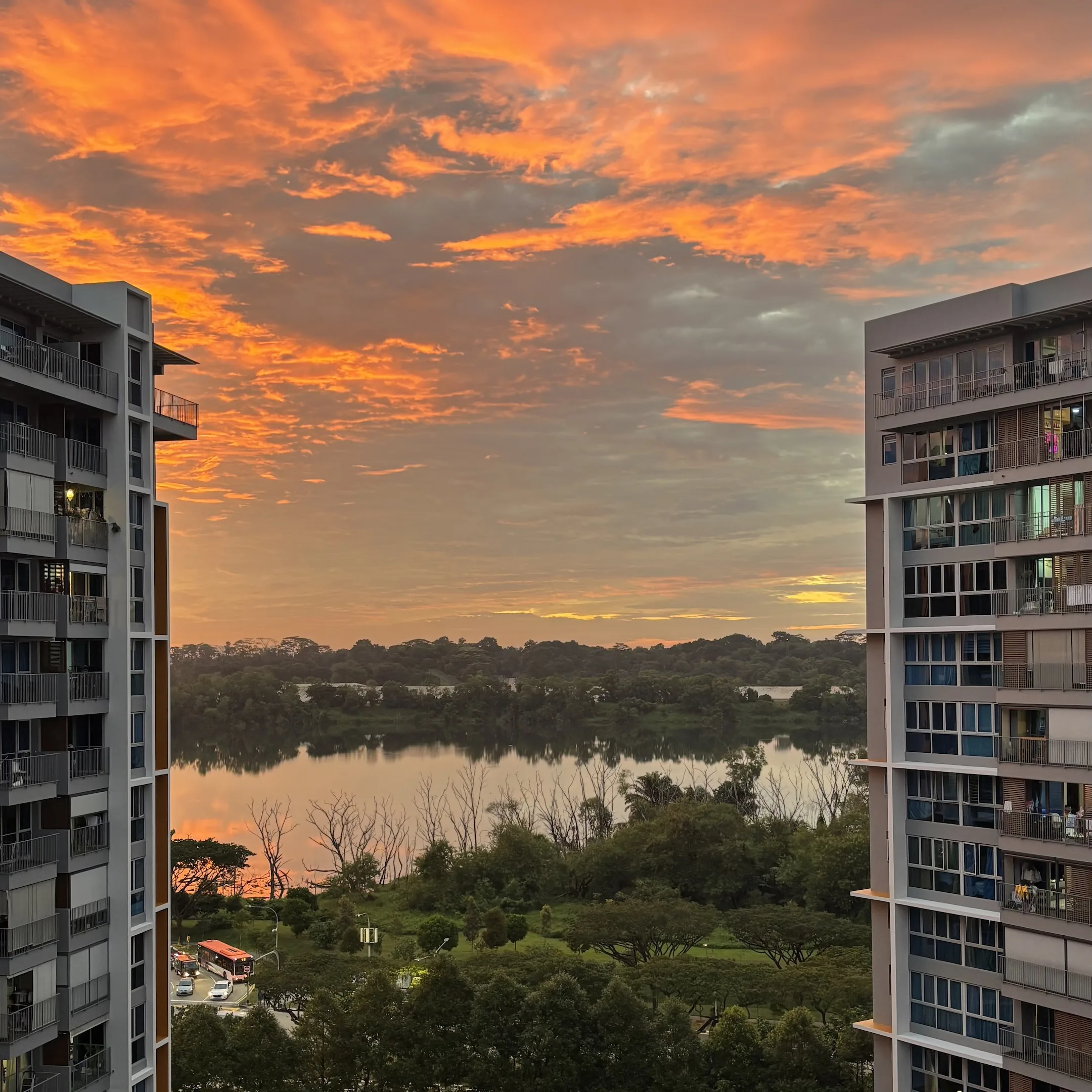 A view of a city with a lake and buildings.