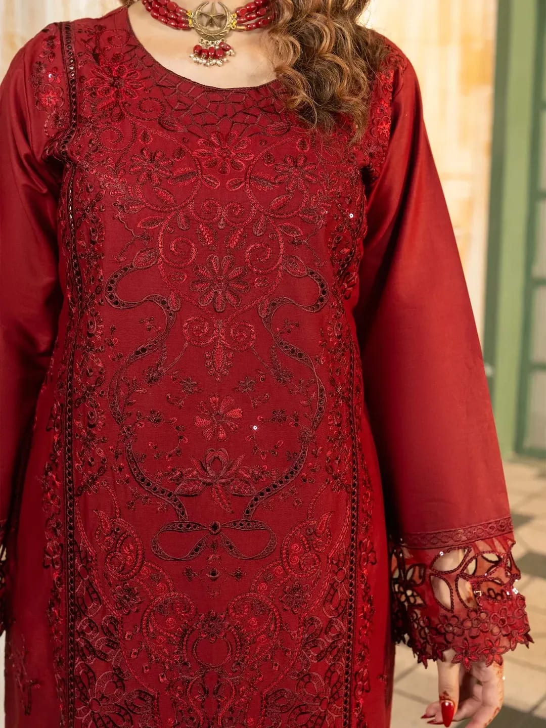Simt-U3B maroon embroidered lawn suit for women 3pcs set view 2