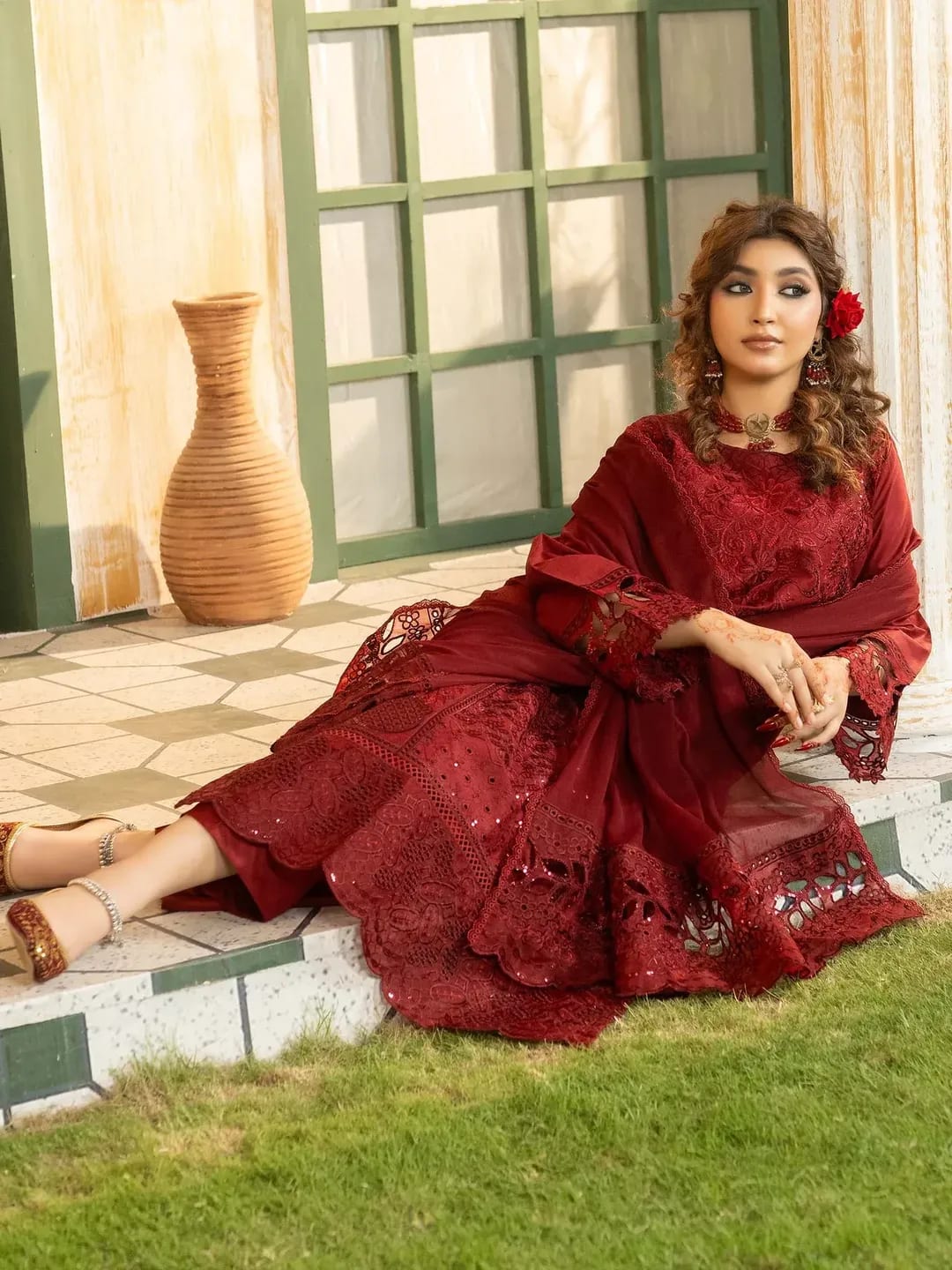 Simt-U3B maroon embroidered lawn suit for women 3pcs set view 9
