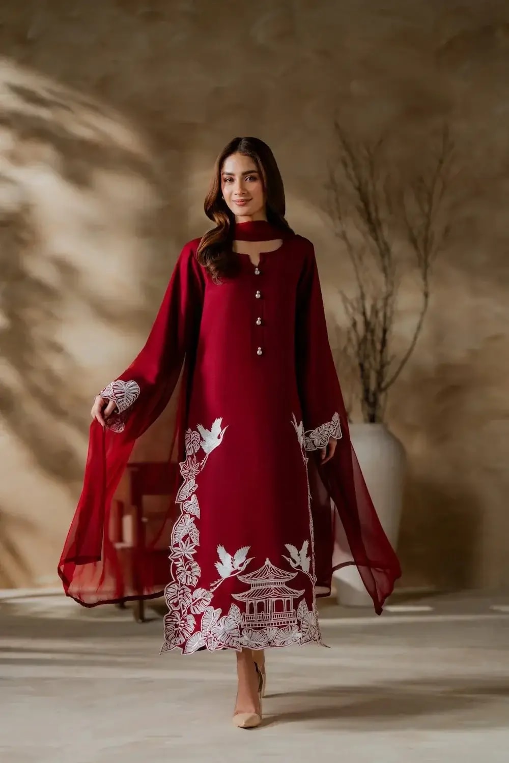 Elegant maroon 3 pcs women’s stitched linen suit with embroidered detail