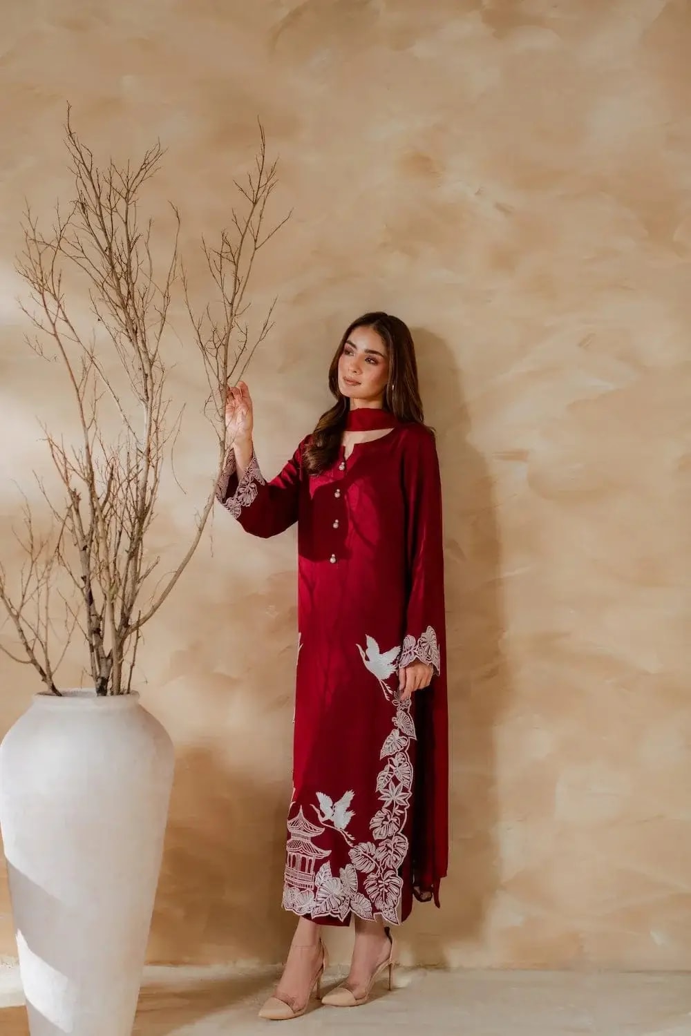 Elegant maroon 3 pcs women’s stitched linen suit with embroidered detail view 3