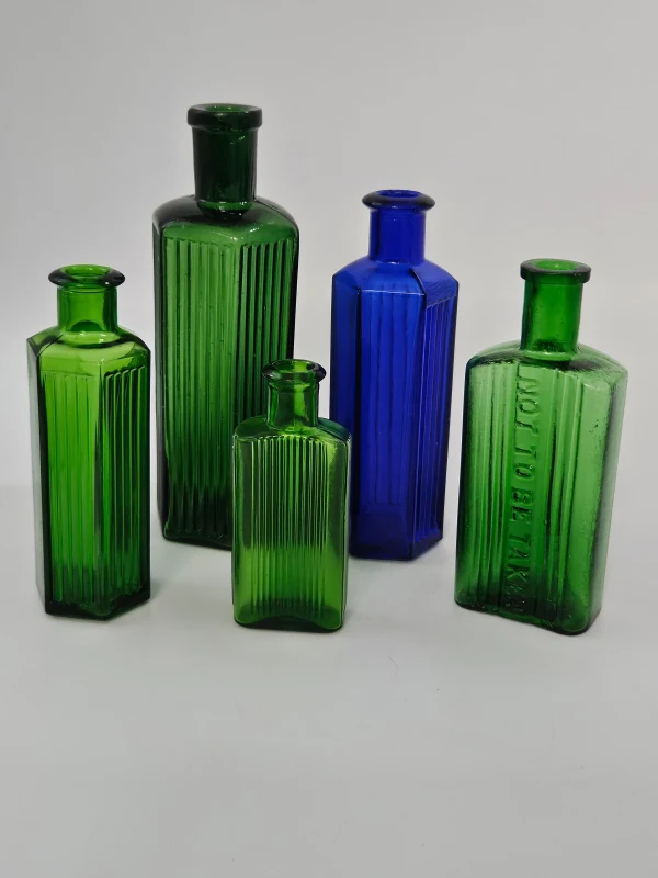 5 COLOURED POISON BOTTLES