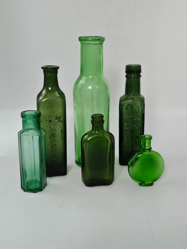 6 VICTORIAN GREEN BOTTLES