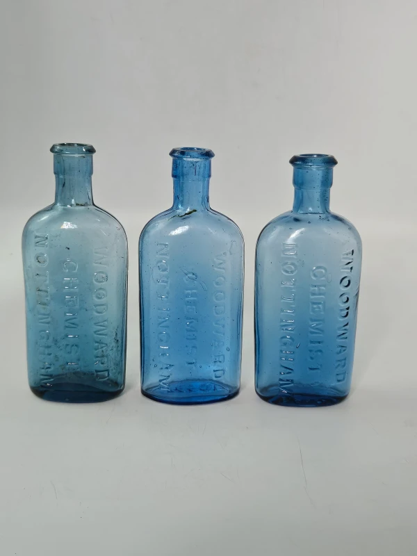 3 BLUE WOODWARD BOTTLES