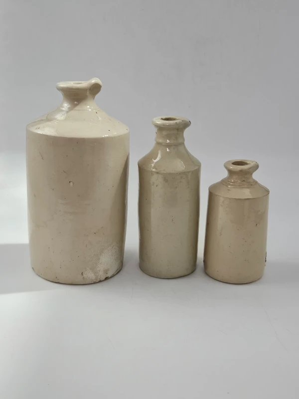 3 WHITE STONEWARE INK BOTTLES