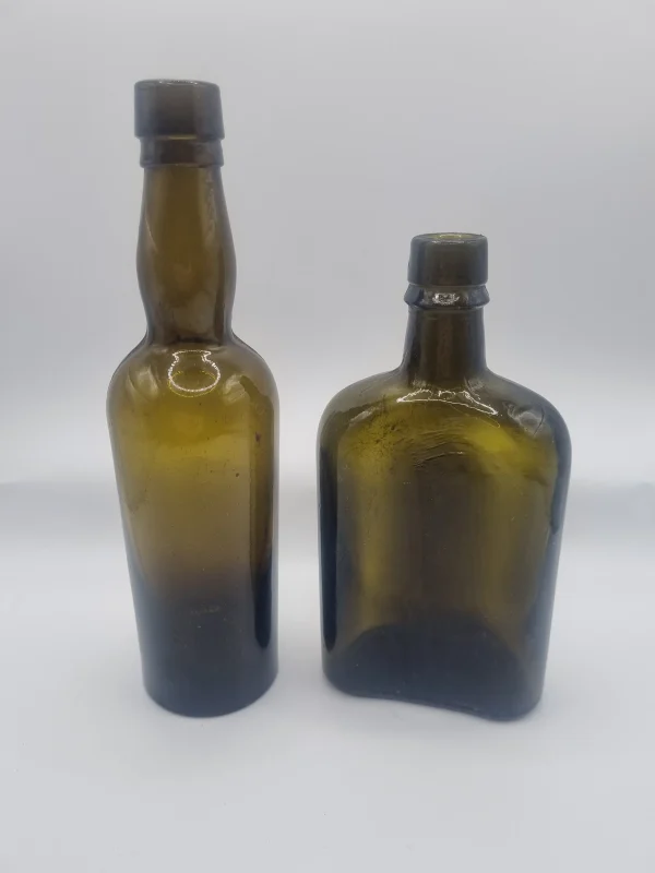 2 Olive Green Spirit Bottles