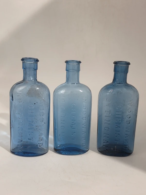 3 BLUE WOODWARD BOTTLES