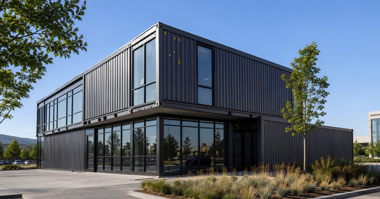 Modular office building made from shipping containers, installed on a project site