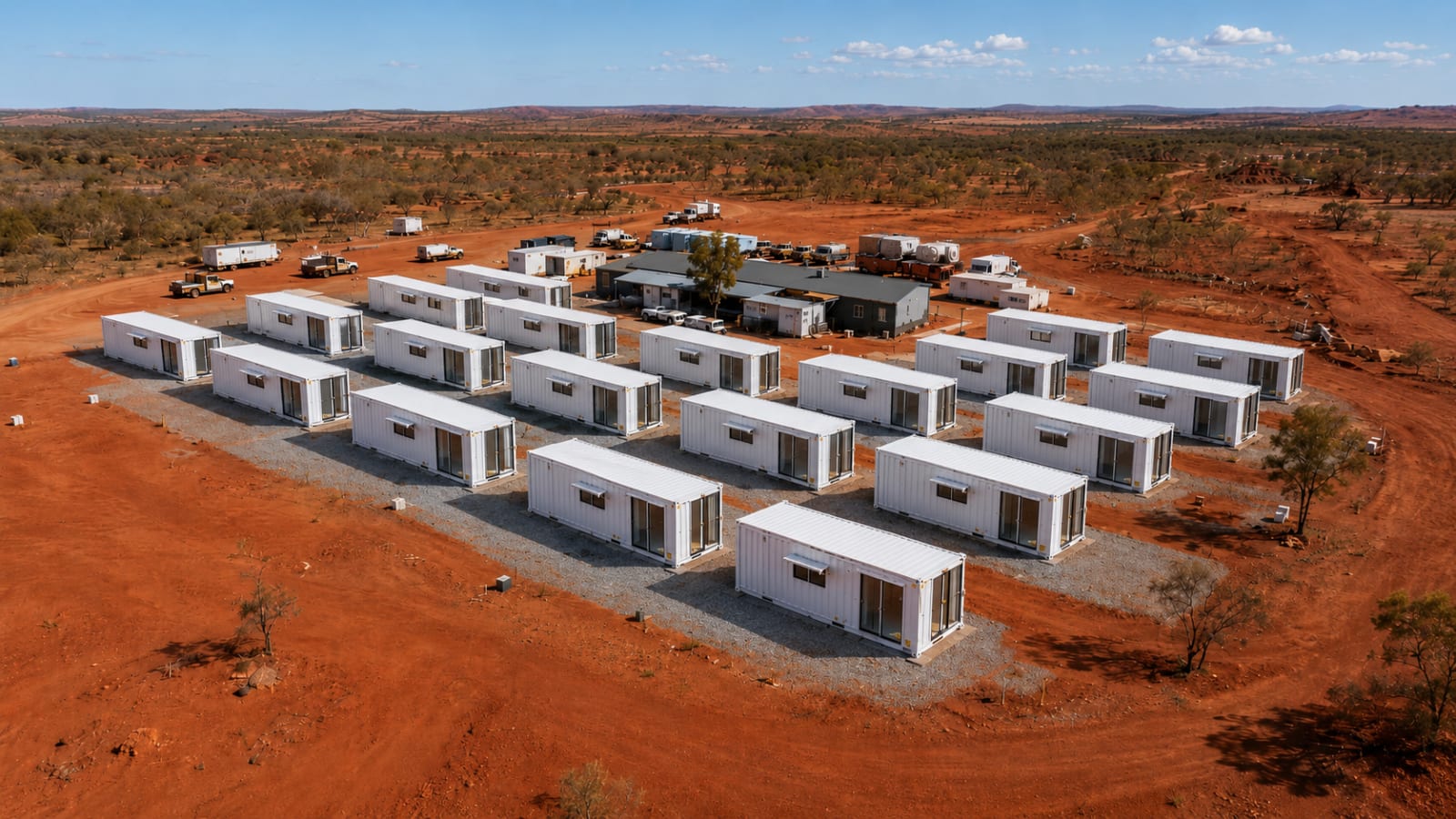 Aerial view of a mining camp built from factory-direct donga accommodation units on a remote site