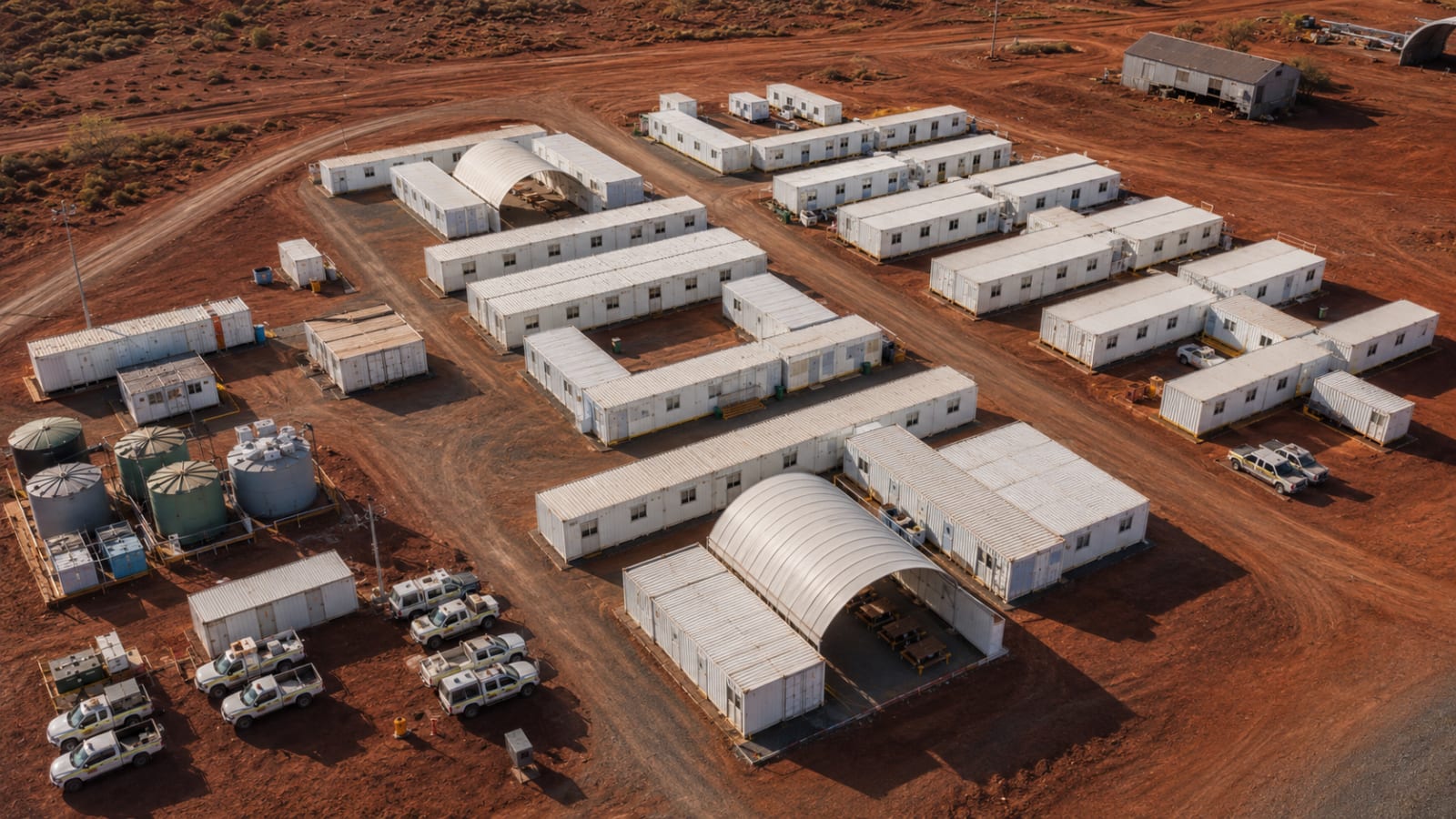 Aerial view of a complete modular mining camp with accommodation, ablution, and mess buildings