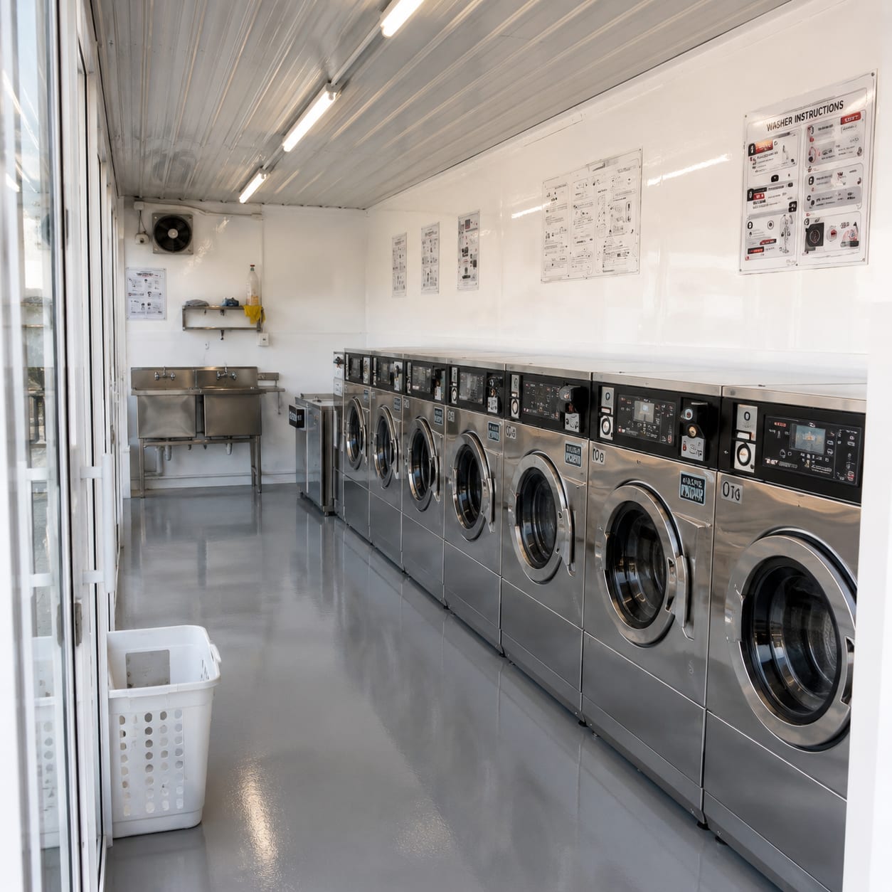 Interior of a container laundry with a row of commercial washers and dryers and a stainless trough