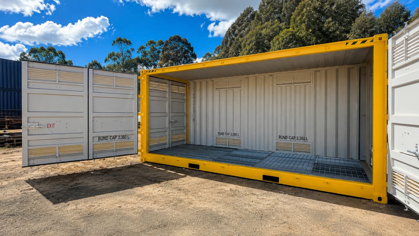 Bunded dangerous goods storage container on a construction site