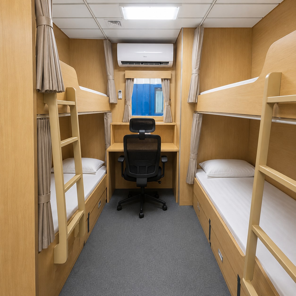 Offshore accommodation unit interior, crew cabin fit-out, by SCS Global