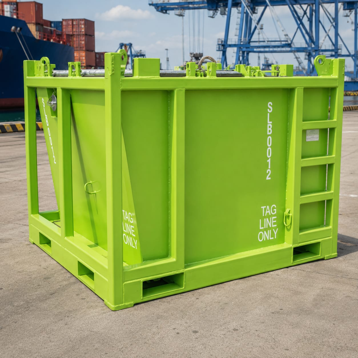 Mud skip containers stacked for offshore platform delivery