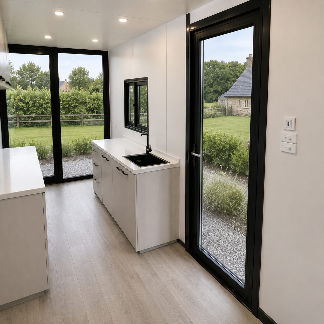 Container home interior, factory-finished living space