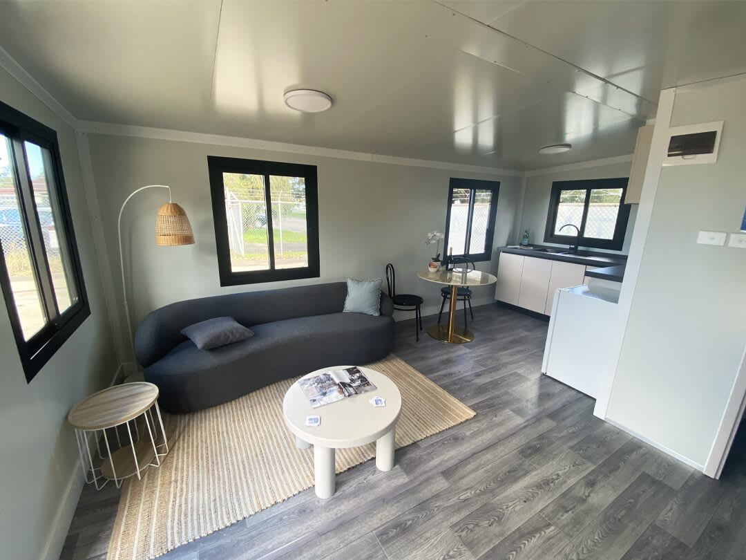 Expander home interior, factory-finished living space