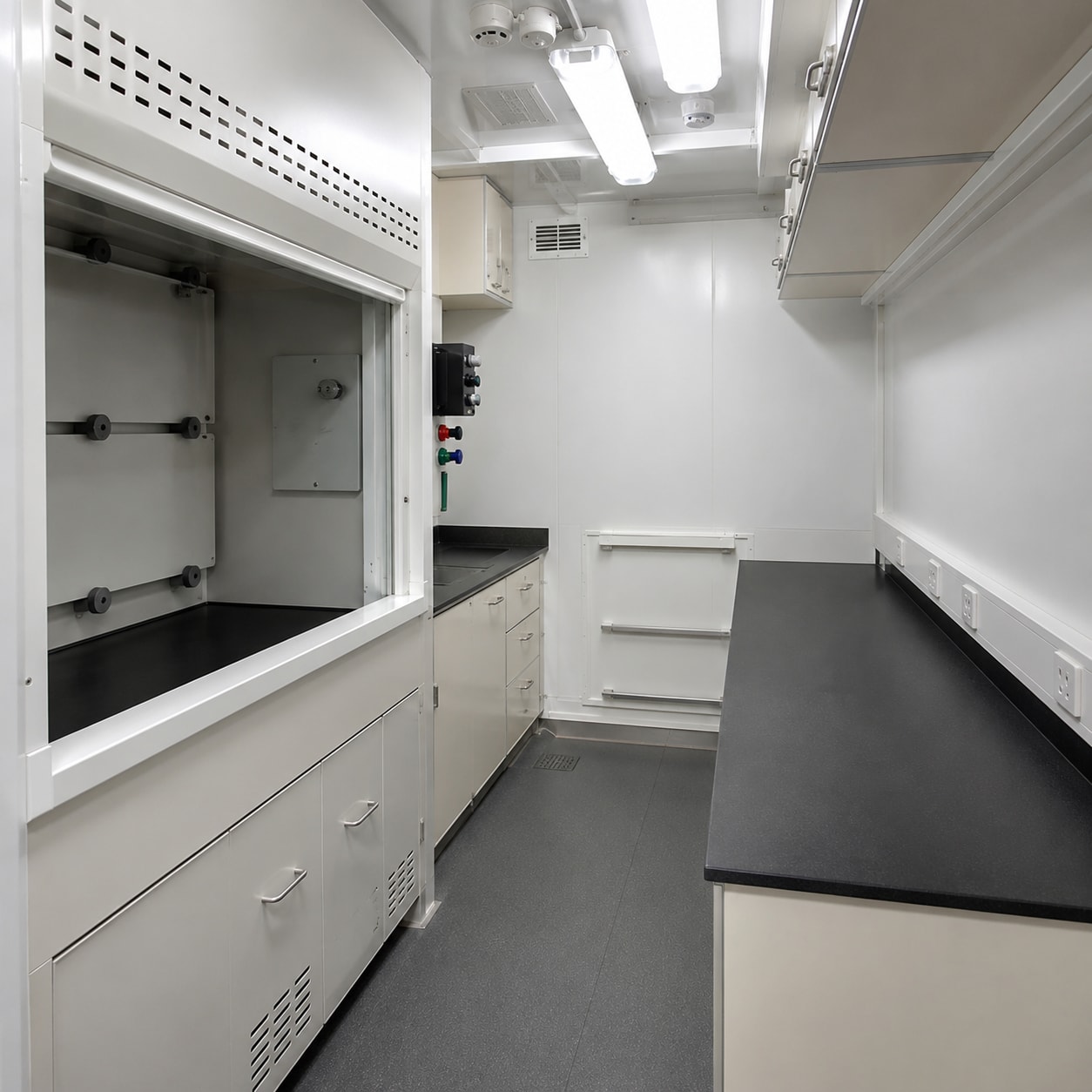 Interior of the ATEX zone-rated workshop and lab, explosion-protected lighting and equipment.