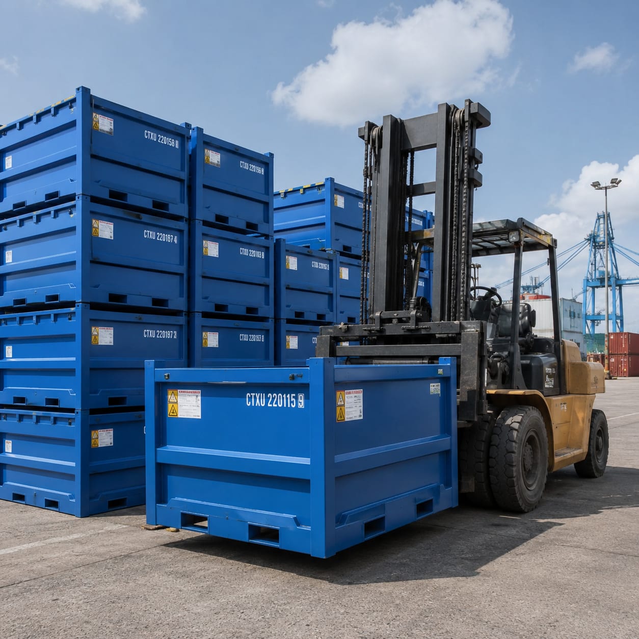 Certified lifting set and pad-eyes on a DNV offshore basket, EN 12079 proof-loaded.