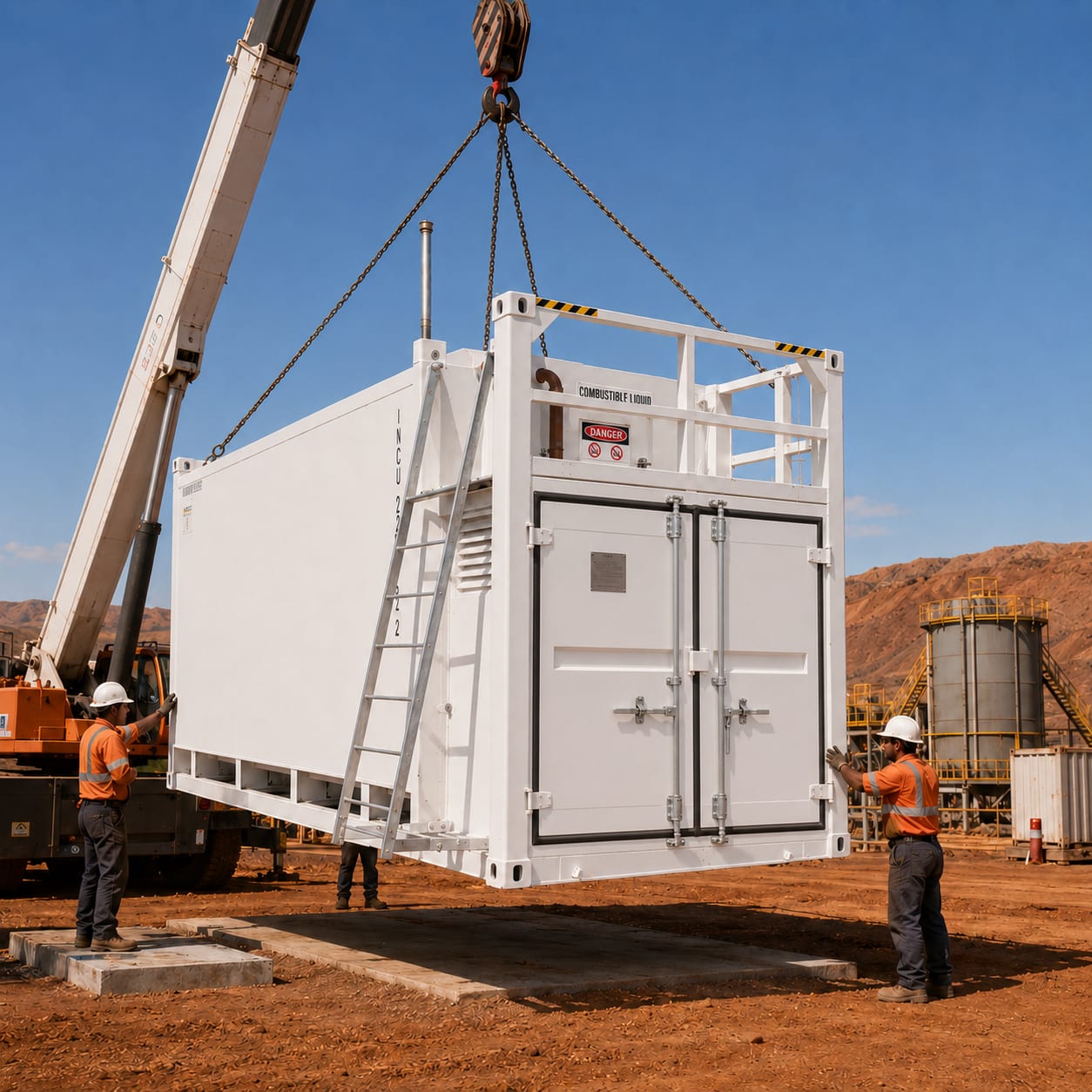 Delivery and craning of the AS 1940 diesel containers onto the prepared compound pad.