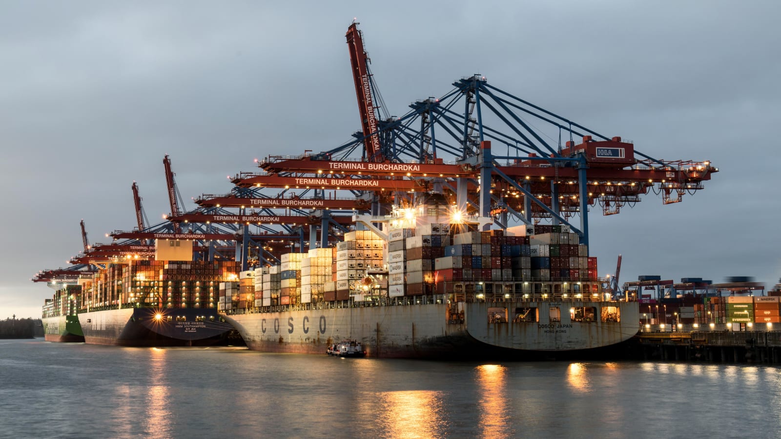 SCS CSC-plated containers loaded for sea freight.