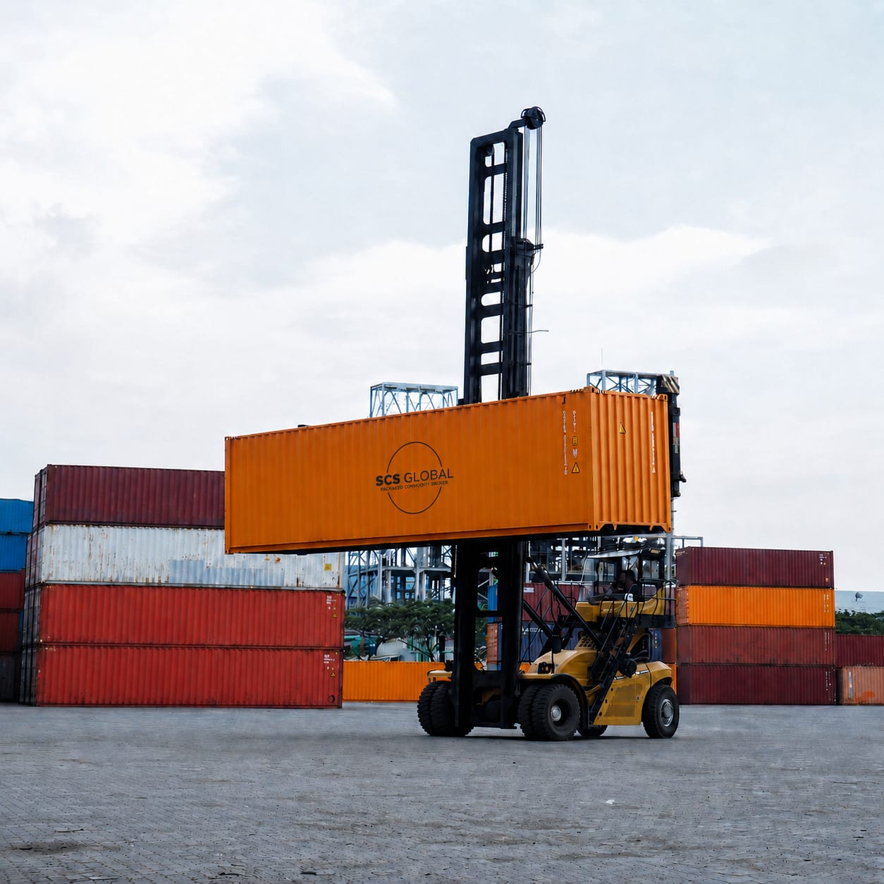 An SCS ISO container ready for FCL sea freight, alongside the flat-rack method for oversized modules.