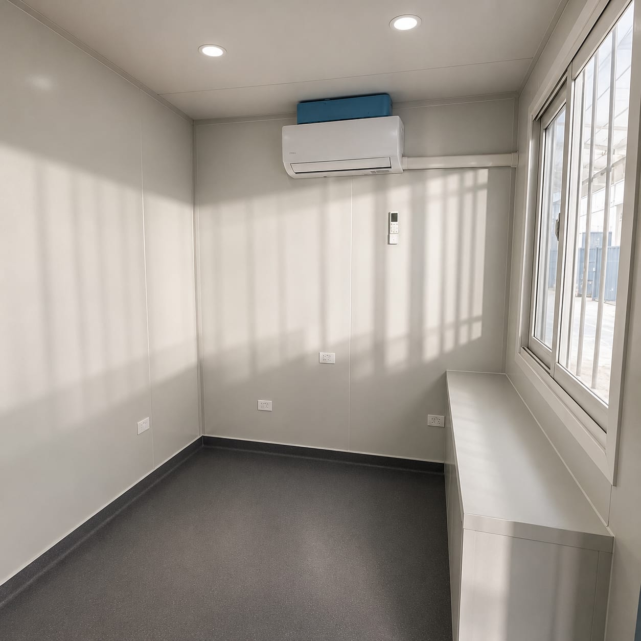 20ft container office interior: fitted workspace with desk, aircon and LED lighting