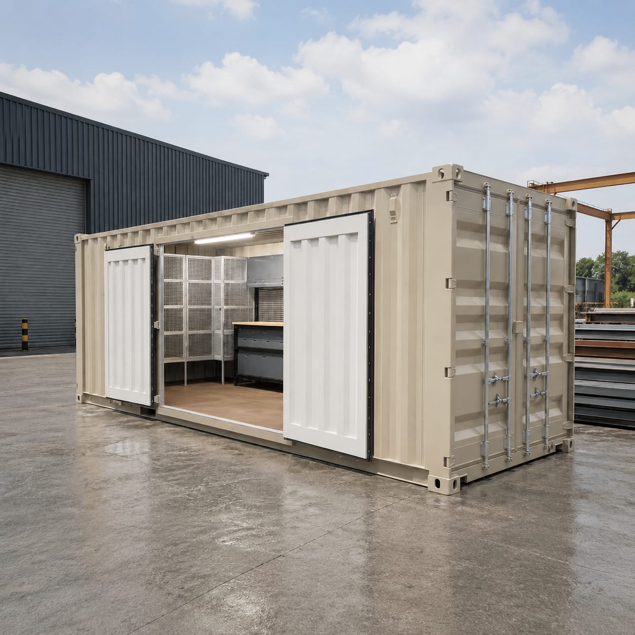 Containerised workshop with workbenches and racking