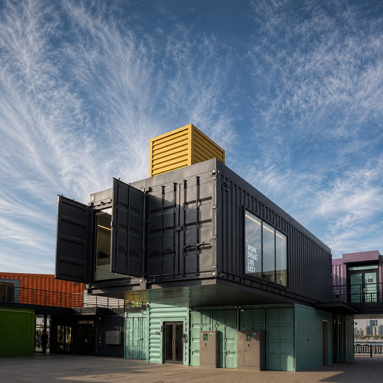 Modular office complex, linked container office buildings on a construction site