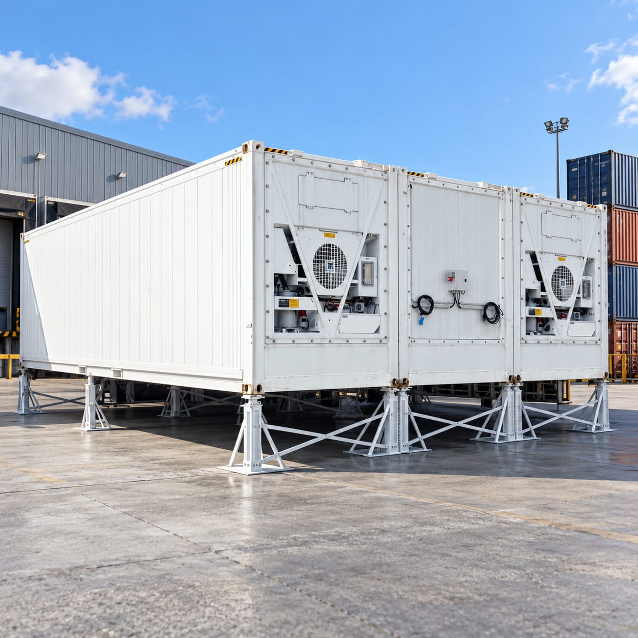 Refrigerated containers on support stands beside a warehouse, cabled to site power