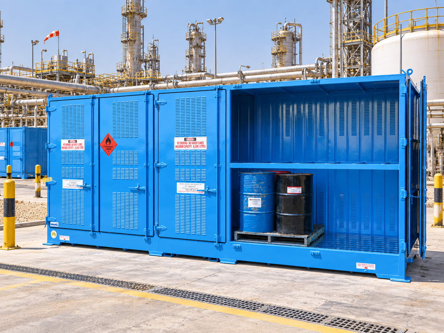 Saudi gas processing plant, chemical storage container with ventilated doors and an open bunded bay holding drums.