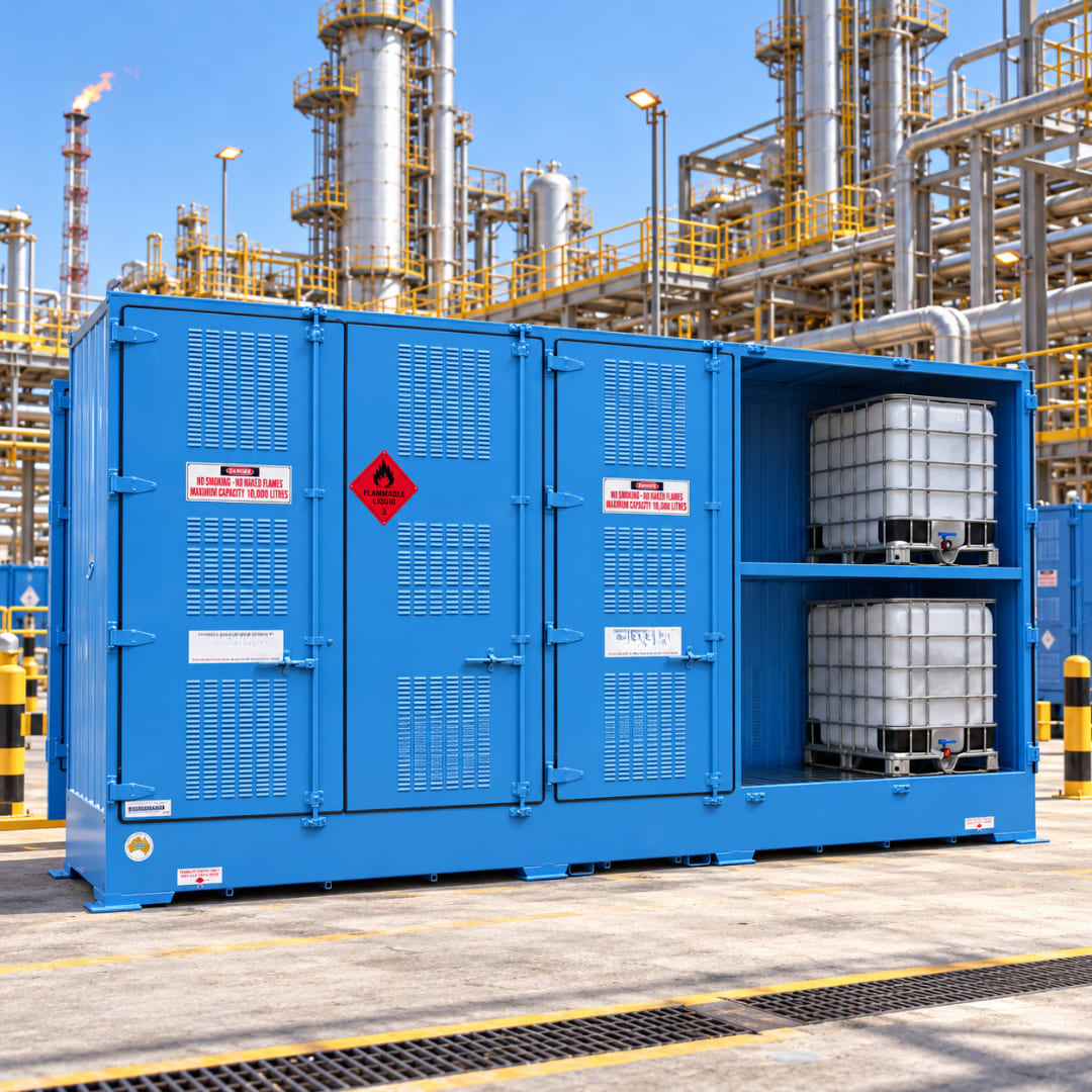Exterior of a chemical storage container with hazard placarding, ventilated doors, and IBCs on a shelved bay.
