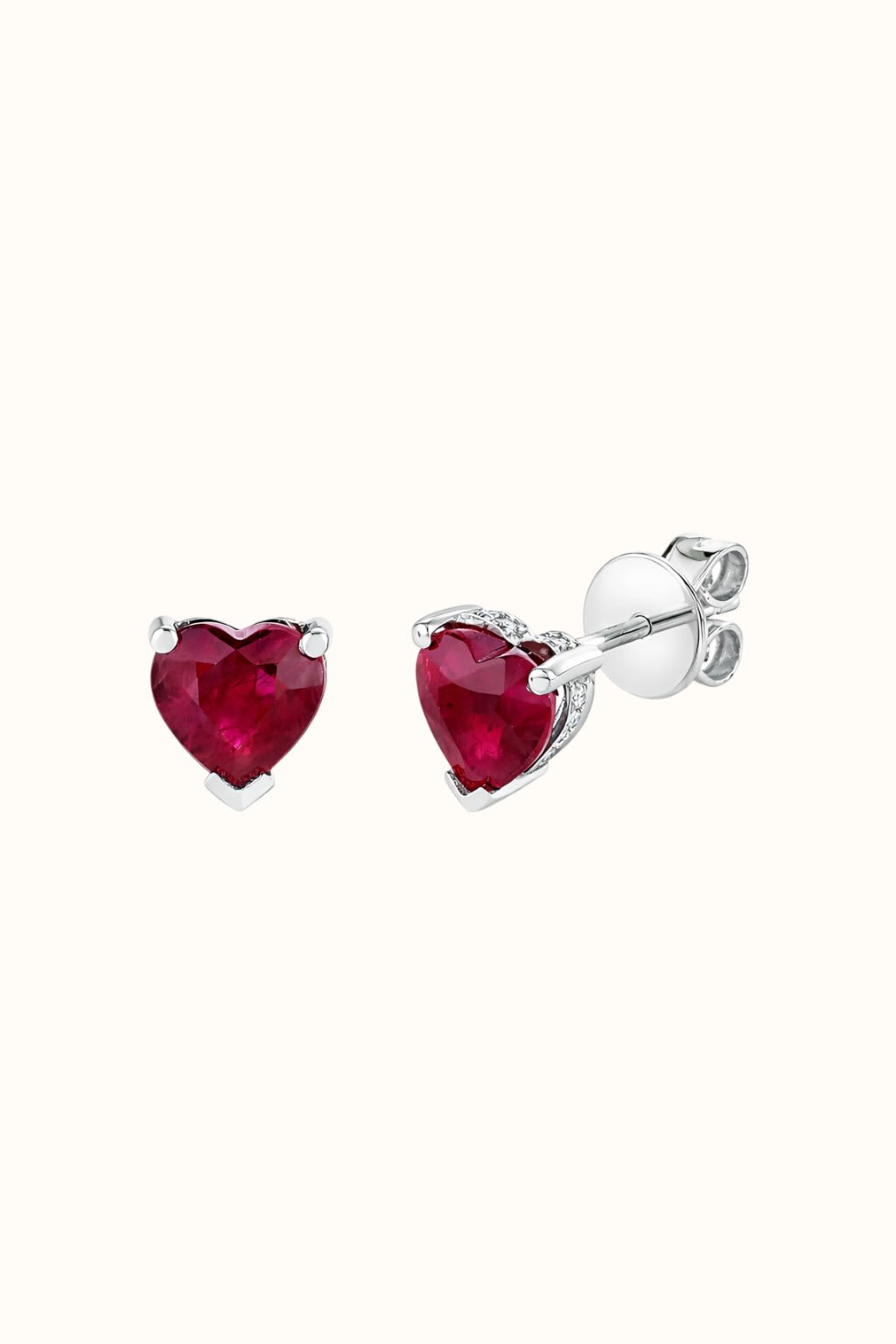 Heart Ruby Stud Earrings with Diamond Halo
