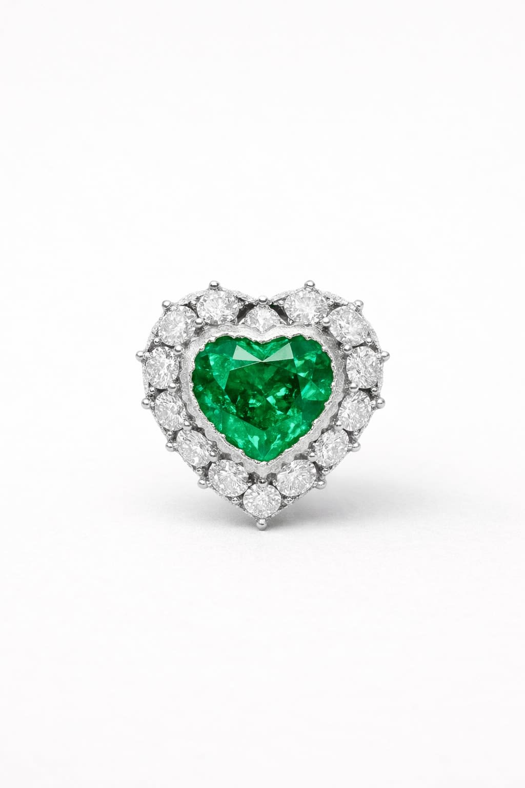 Emerald Heart Ring With Diamond Halo