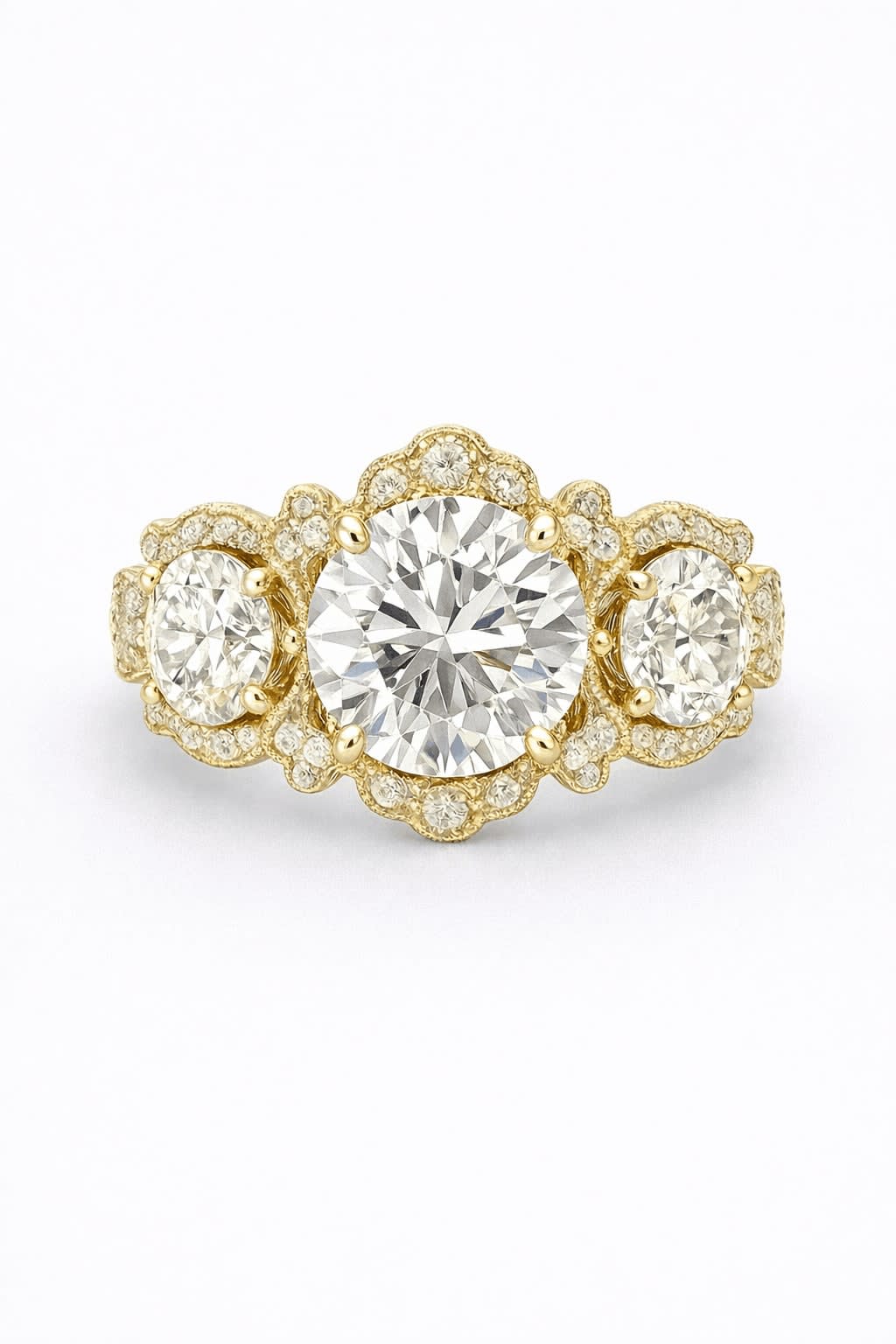 Three Stone Lab Diamond Ring With Halo