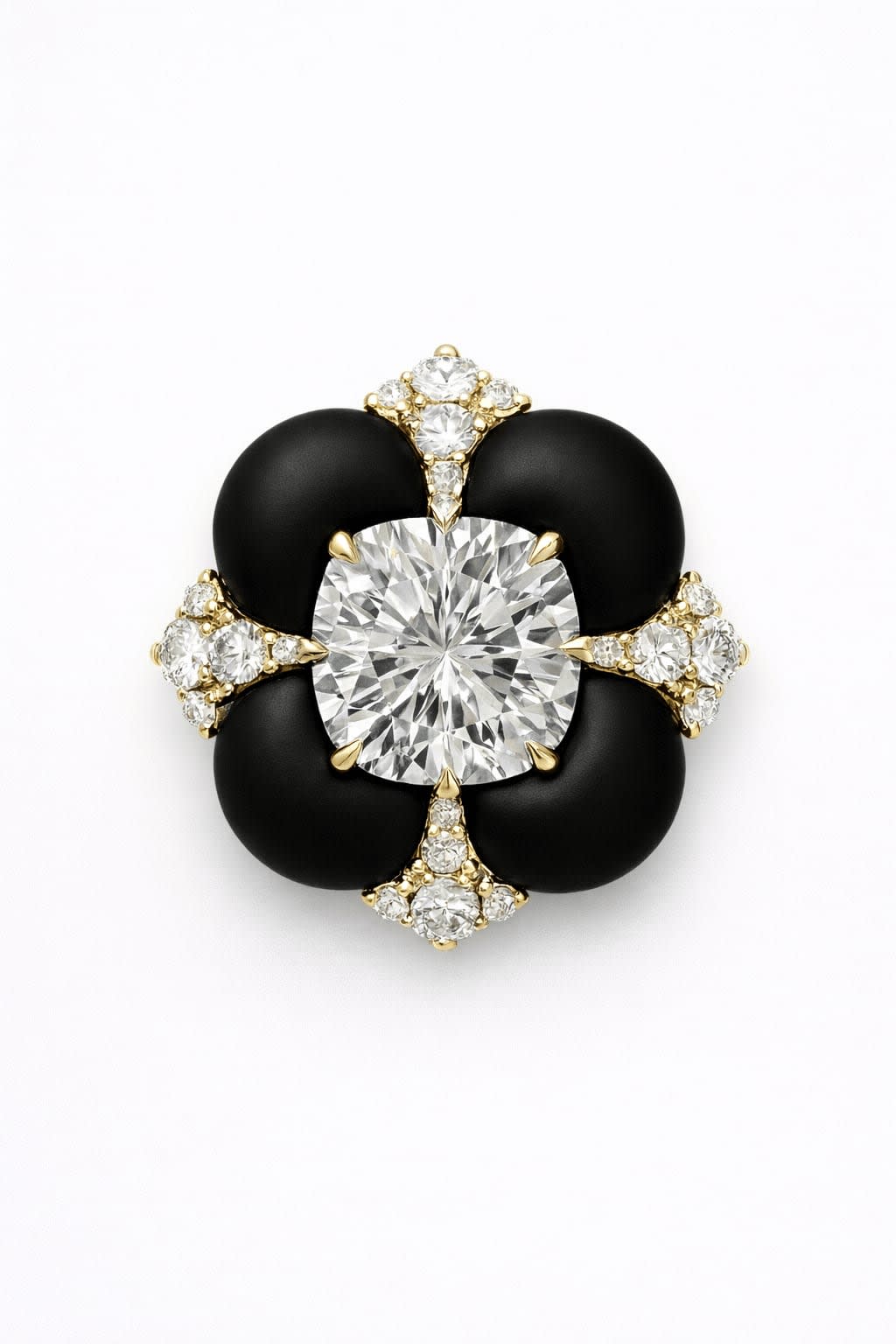 Flower Motif Radiant Cut Diamond Ring With Onyx