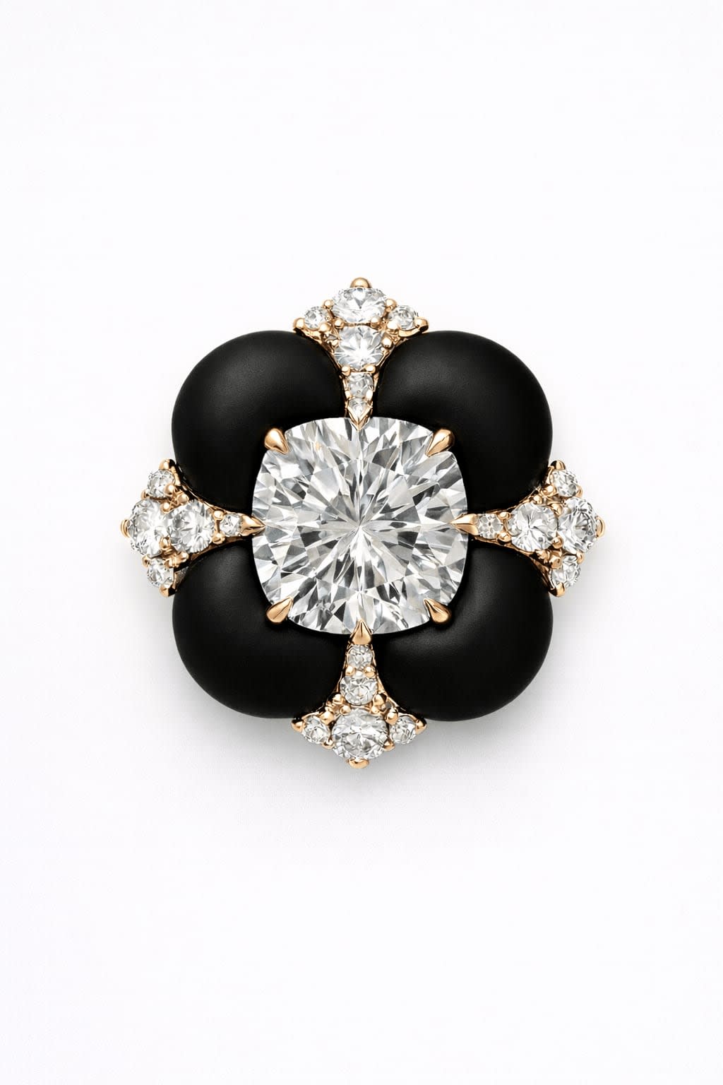 Flower Motif Radiant Cut Diamond Ring With Onyx