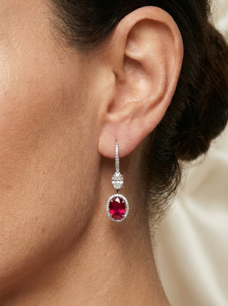 Ruby and Diamond Drop Earrings in 14K Gold