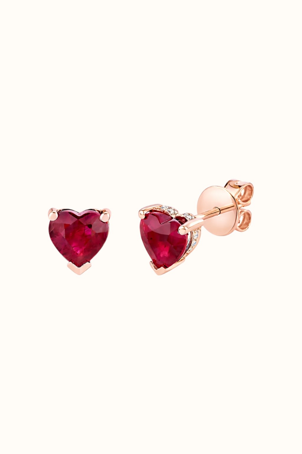 Heart Ruby Stud Earrings with Diamond Halo
