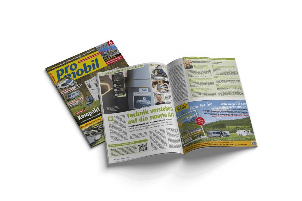 Mockup der Zeitschrift 'promobil': Cover auf der linken Seite, aufgeschlagene Doppelseite auf der rechten Seite mit Artikel über YONA und AR-Bedienungsanleitung für Camper.
