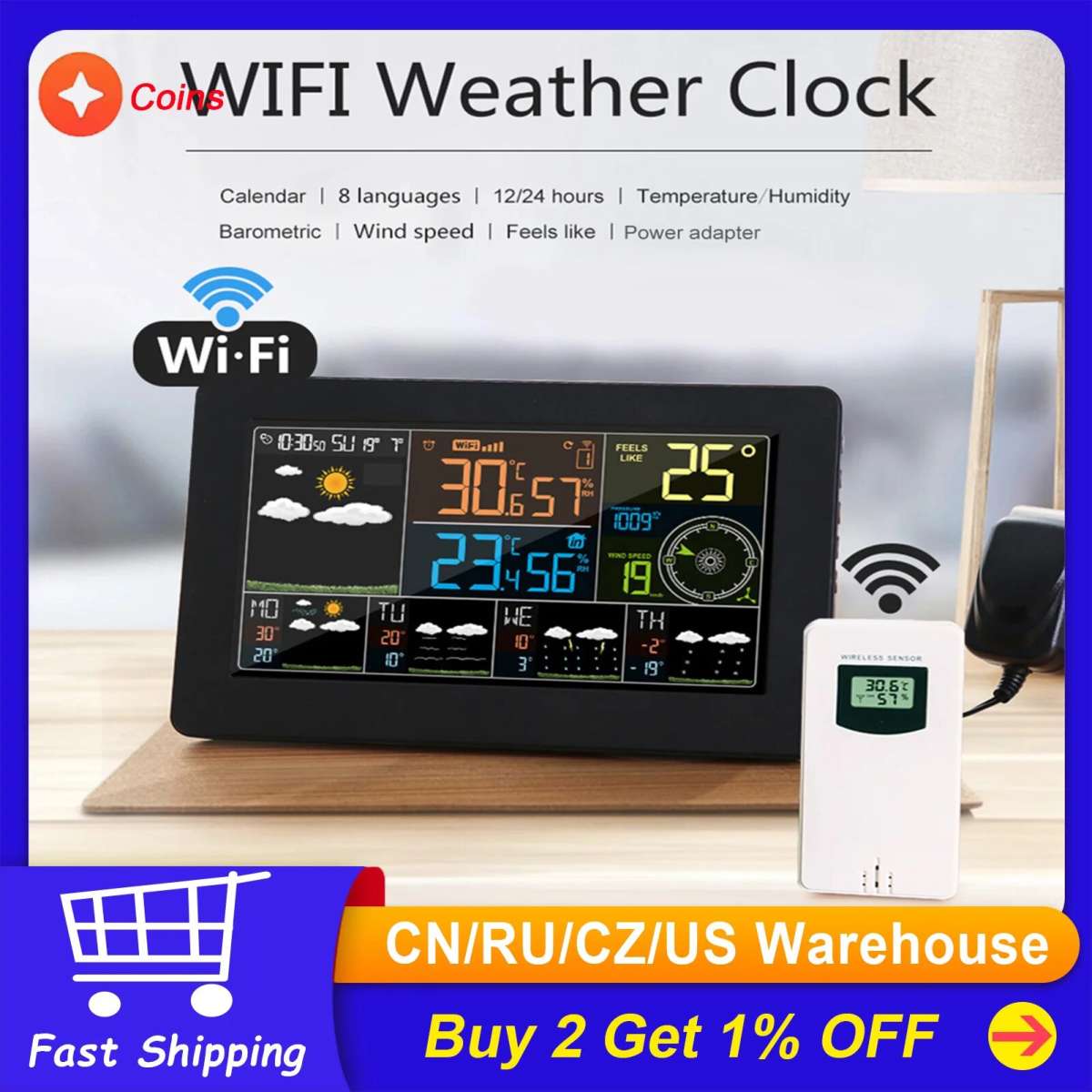 Метеостанция-часы Орбита FJW4, с Wi-Fi и выносным датчиком