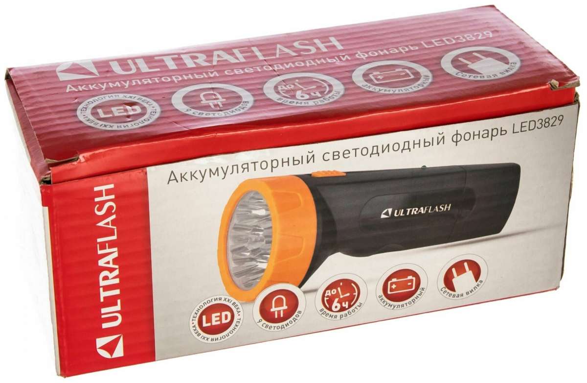 Фонарь ручной UltraFlash UF3829 / аккумуляторный, 220V, 9 светод.