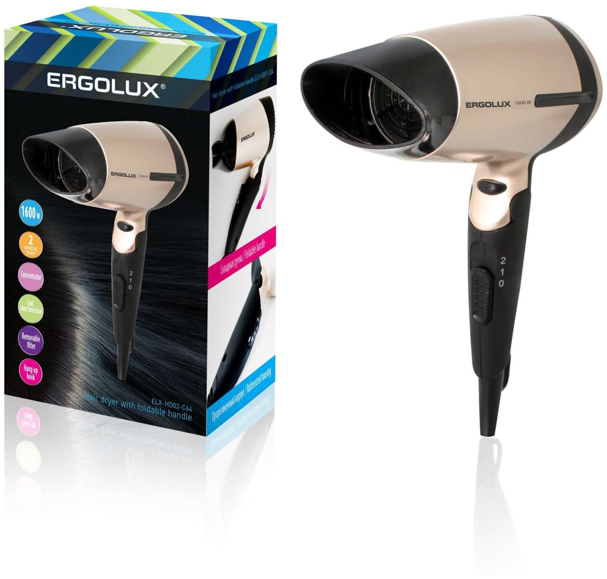 Фен Ergolux ERGOLUX ELX-HD02-C64 черный/золото (фен со складной ручкой, 1600Вт, 220-240В), золотой/черный