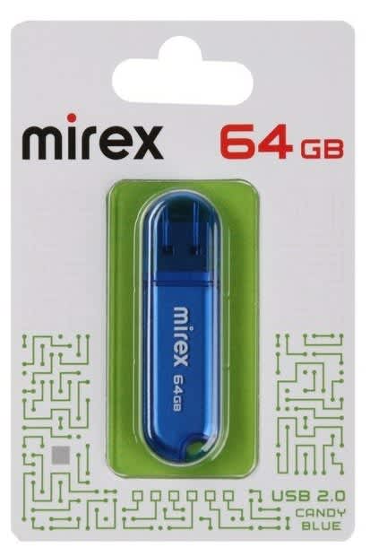 Флешка Mirex CANDY BLUE, 64 Гб , USB2.0, чт до 25 Мб/с, зап до 15 Мб/с, синяя