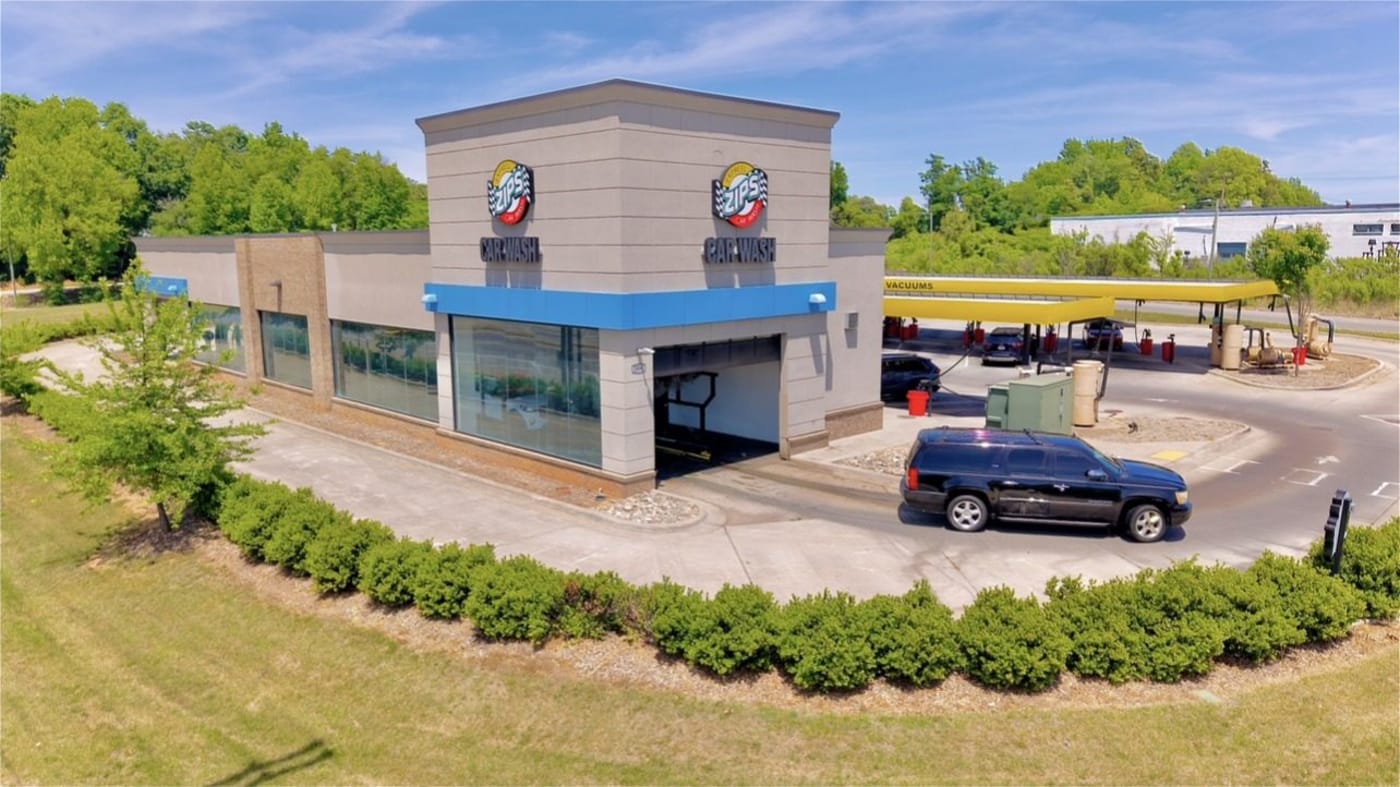 Low aerial of Zips Car Wash