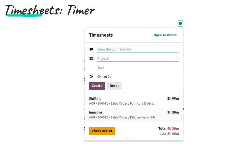 Odoo 20 — Timer timesheets