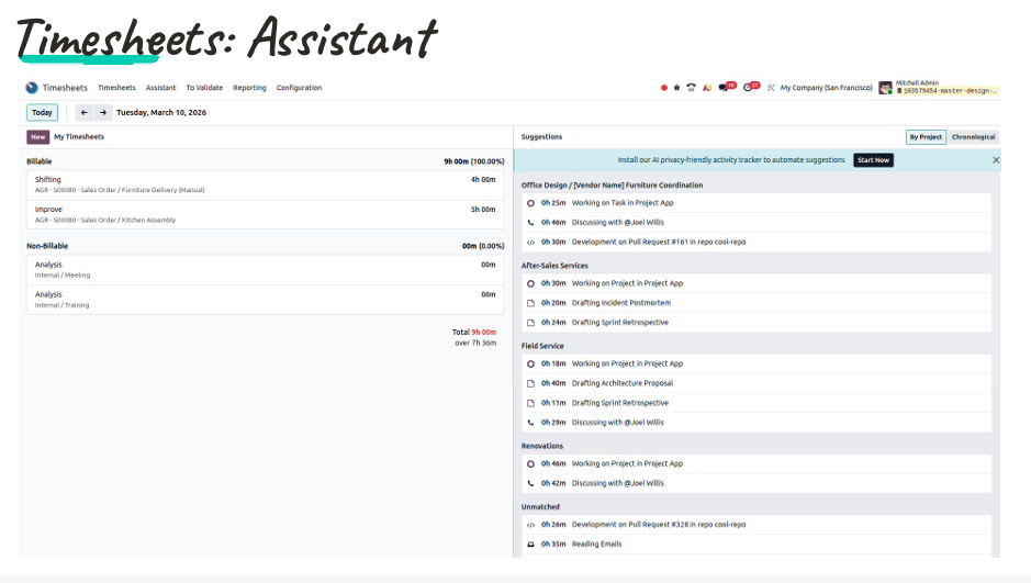 Odoo 20 — Assistant timesheets