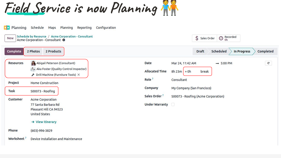 Odoo 20 — Field Service et Planning fusionnés
