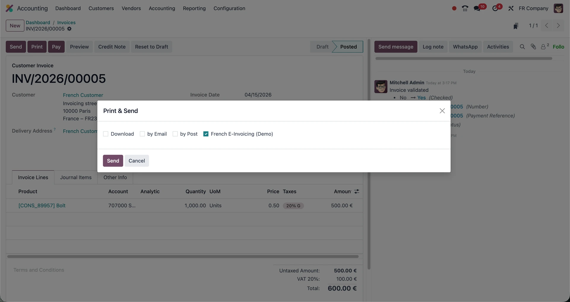 Interface Odoo — facturation électronique et statut Plateforme Agréée