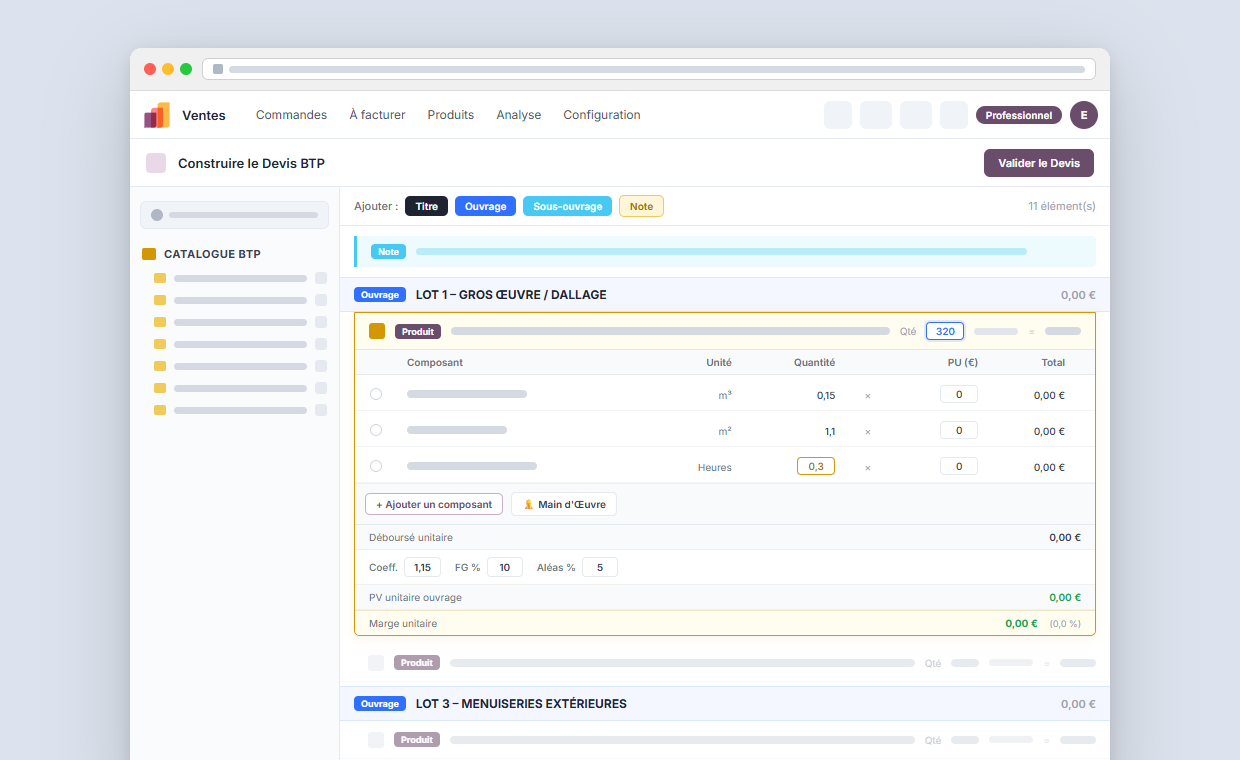 Interface OdooBTP de construction de devis par ouvrages